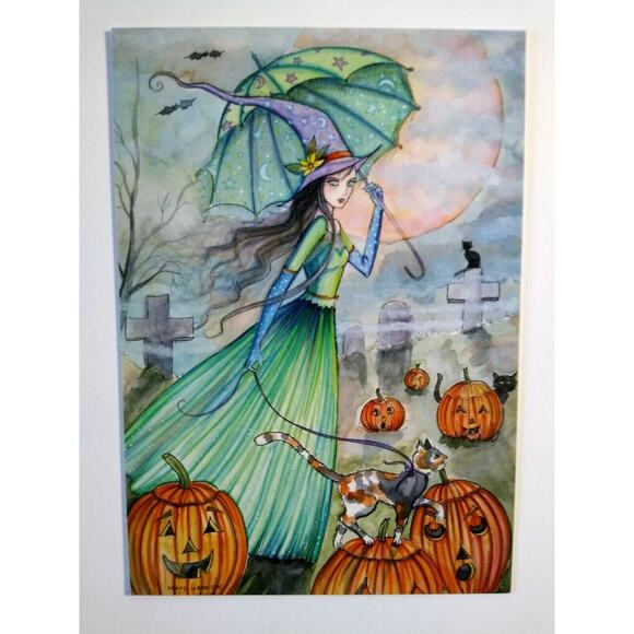 Halloween Postcard Molly Harrison Green Dress Witch Cat Fantasy 2005 Ltd. To 33 - Picture 2 of 4